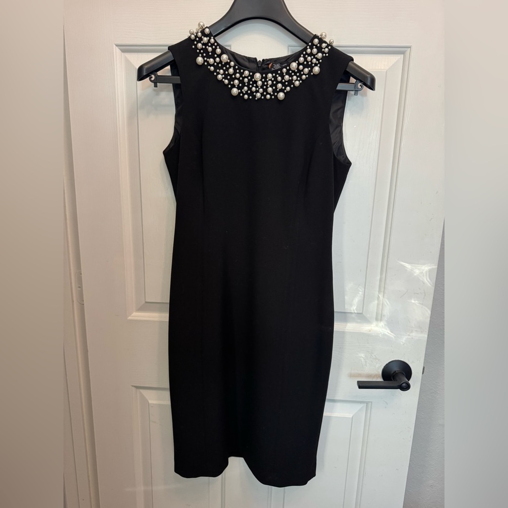 New Directions Black Midi Dress with Pearl Accents